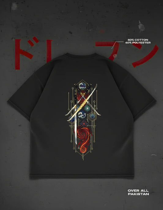 The Five-Fold Path Drop Shoulder T-Shirt in Black - DRENFEN