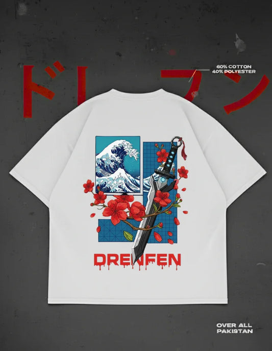 The Kanagawa Blade drop shoulder T-shirt in white - DRENFEN