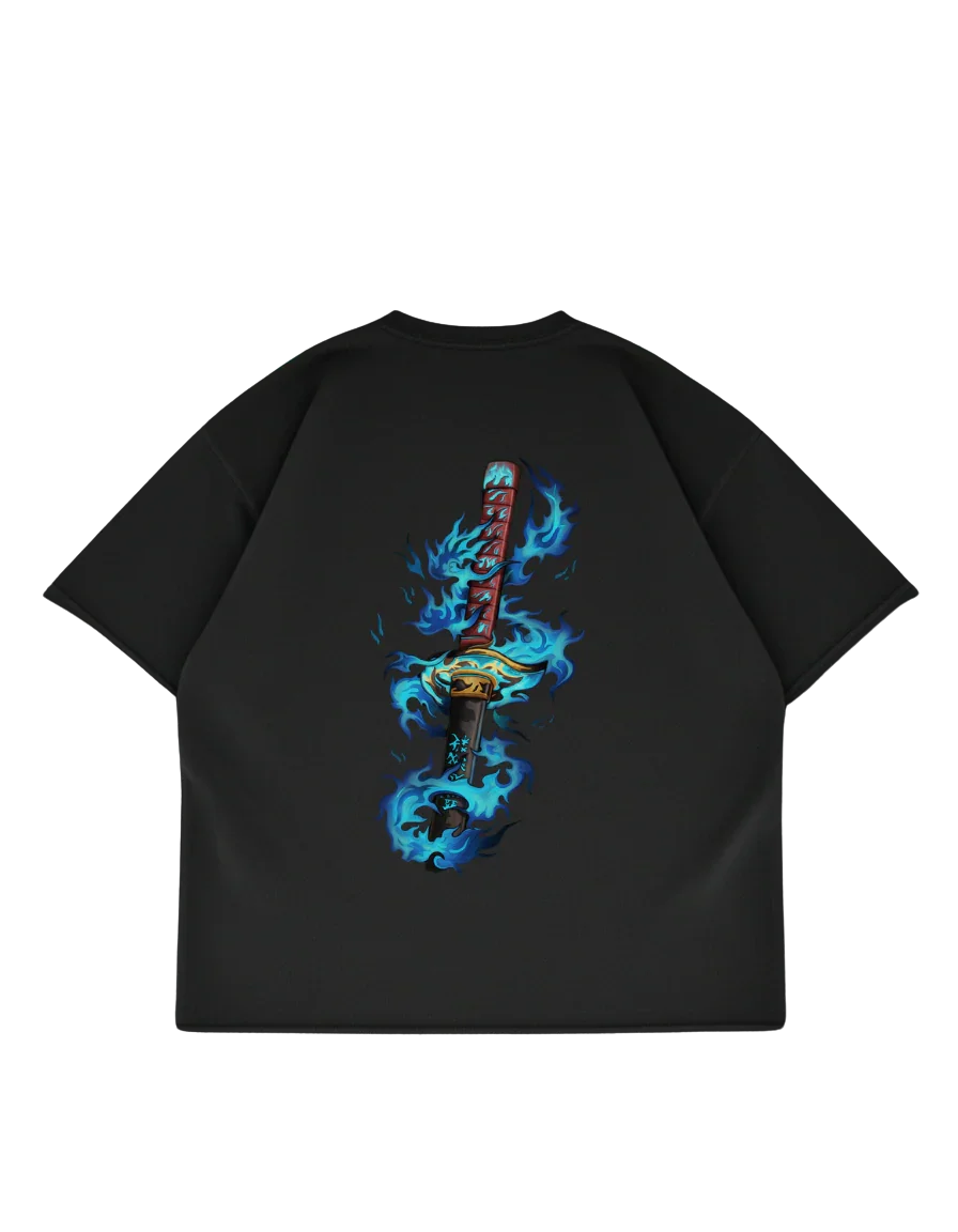 Azure Dragon's Flame drop shoulder T-shirt in black - DRENFEN