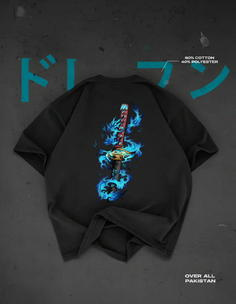 Azure Dragon's Flame drop shoulder T-shirt in black - DRENFEN