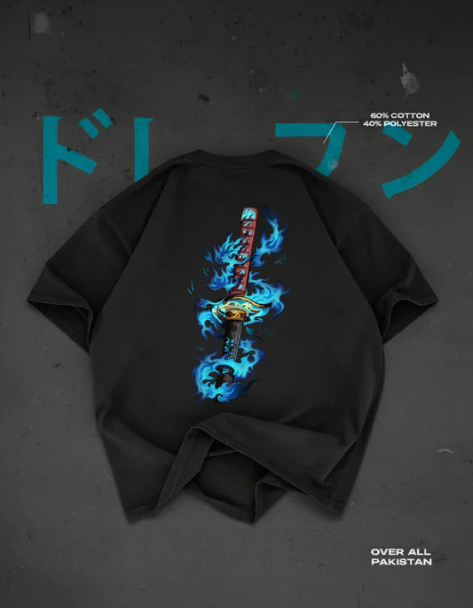 Azure Dragon's Flame drop shoulder T-shirt in black - DRENFEN