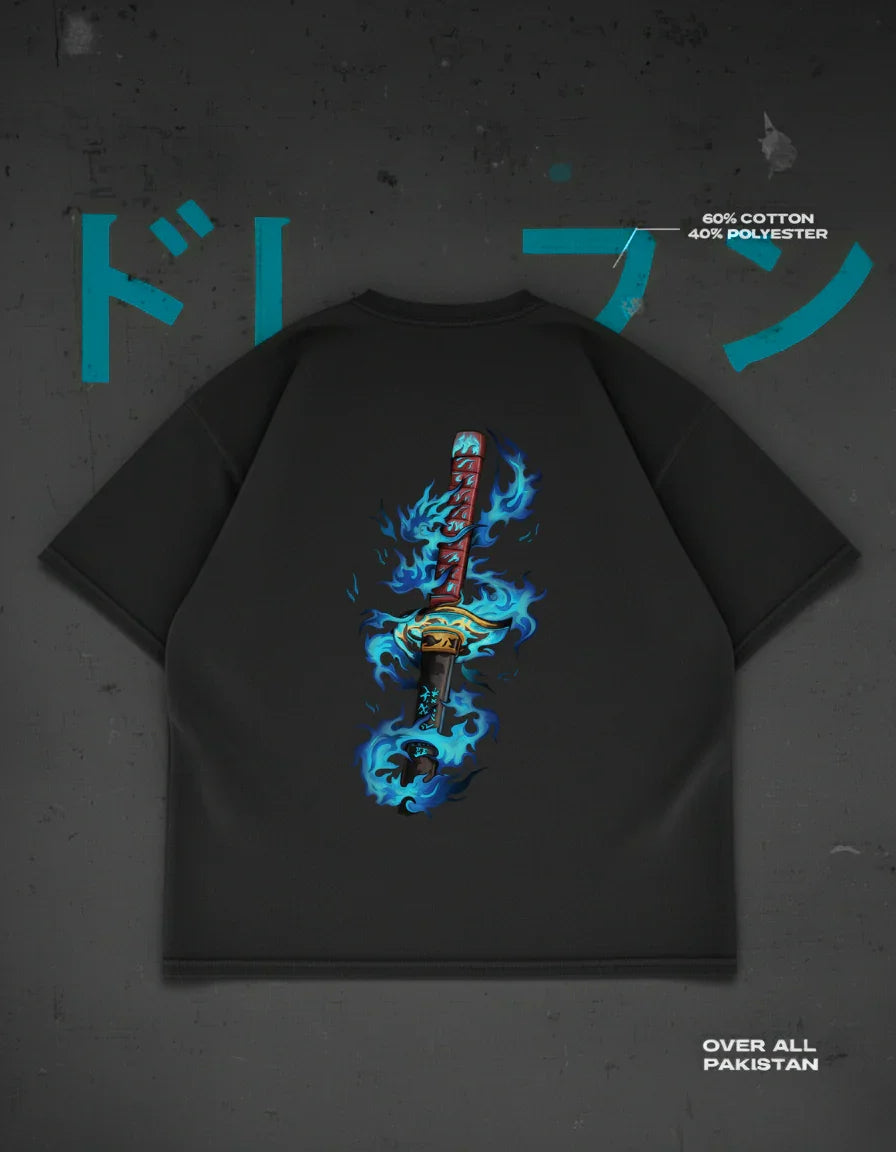 Azure Dragon's Flame drop shoulder T-shirt in black - DRENFEN