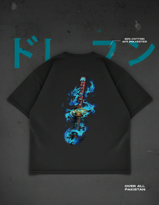 Azure Dragon's Flame drop shoulder T-shirt in black - DRENFEN