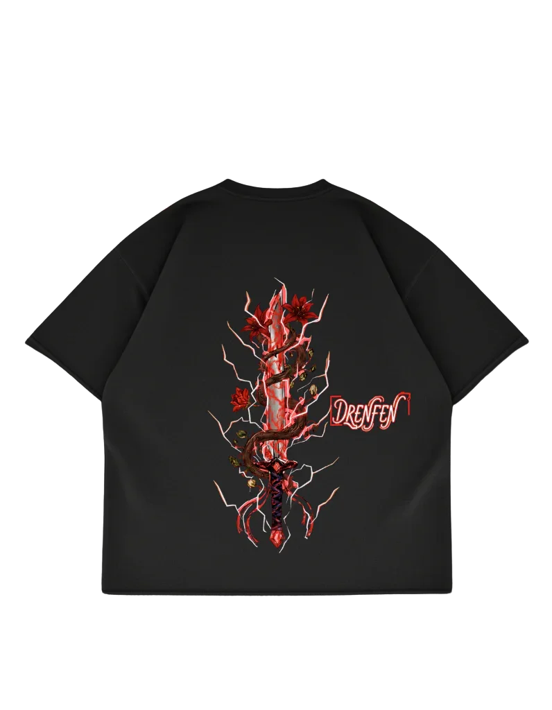 The Cursed Petal Drop Shoulder T-Shirt in Black - DRENFEN
