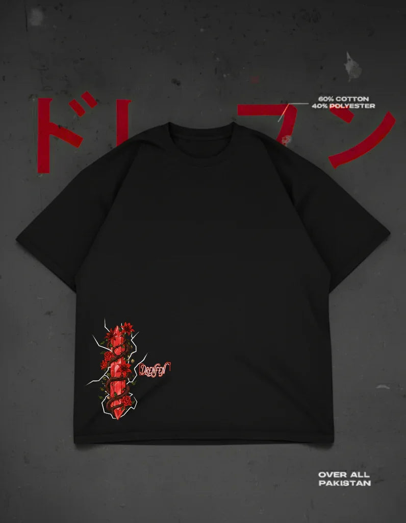 The Cursed Petal Drop Shoulder T-Shirt in Black - DRENFEN