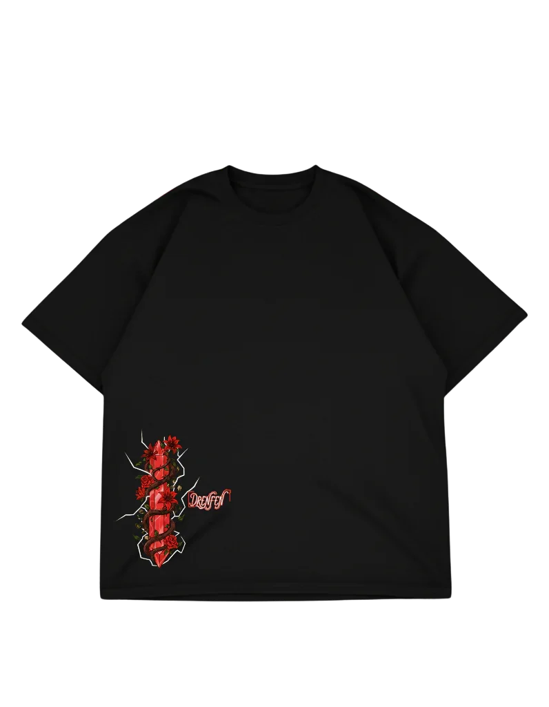 The Cursed Petal Drop Shoulder T-Shirt in Black - DRENFEN