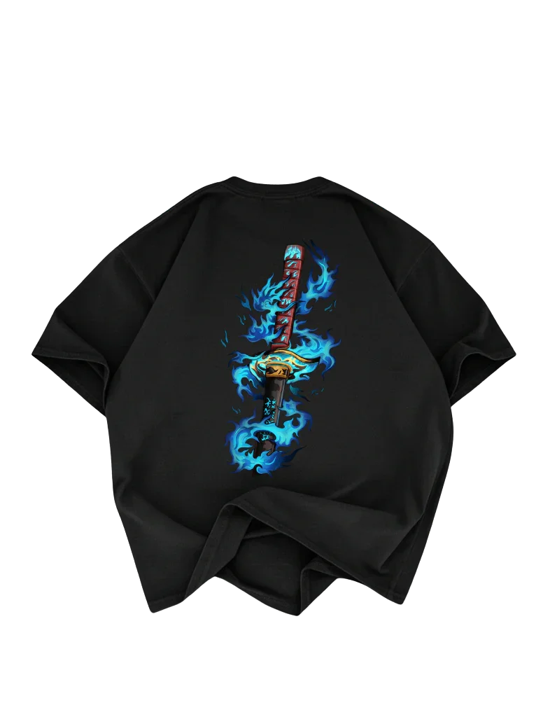 Azure Dragon's Flame drop shoulder T-shirt in black - DRENFEN