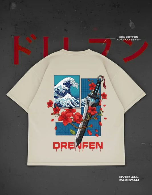 The kanagawa blade drop shoulder T-shirt in cream / light beige - DRENFEN