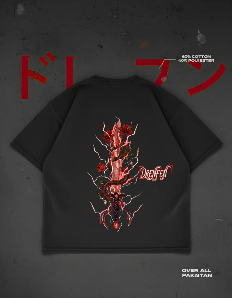 The Cursed Petal Drop Shoulder T-Shirt in Black - DRENFEN