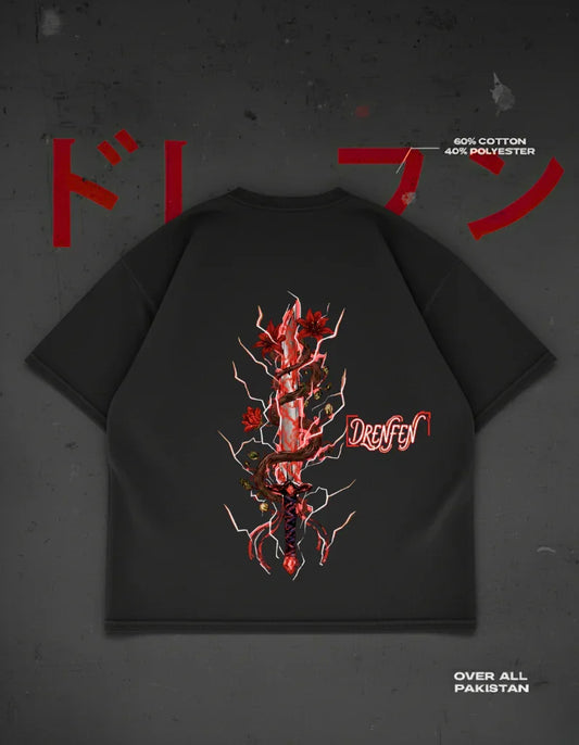 The Cursed Petal Drop Shoulder T-Shirt in Black - DRENFEN