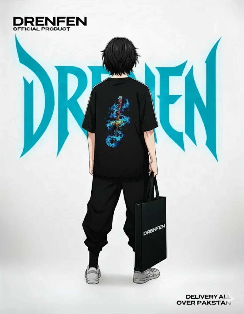 Azure Dragon's Flame drop shoulder T-shirt in black - DRENFEN 